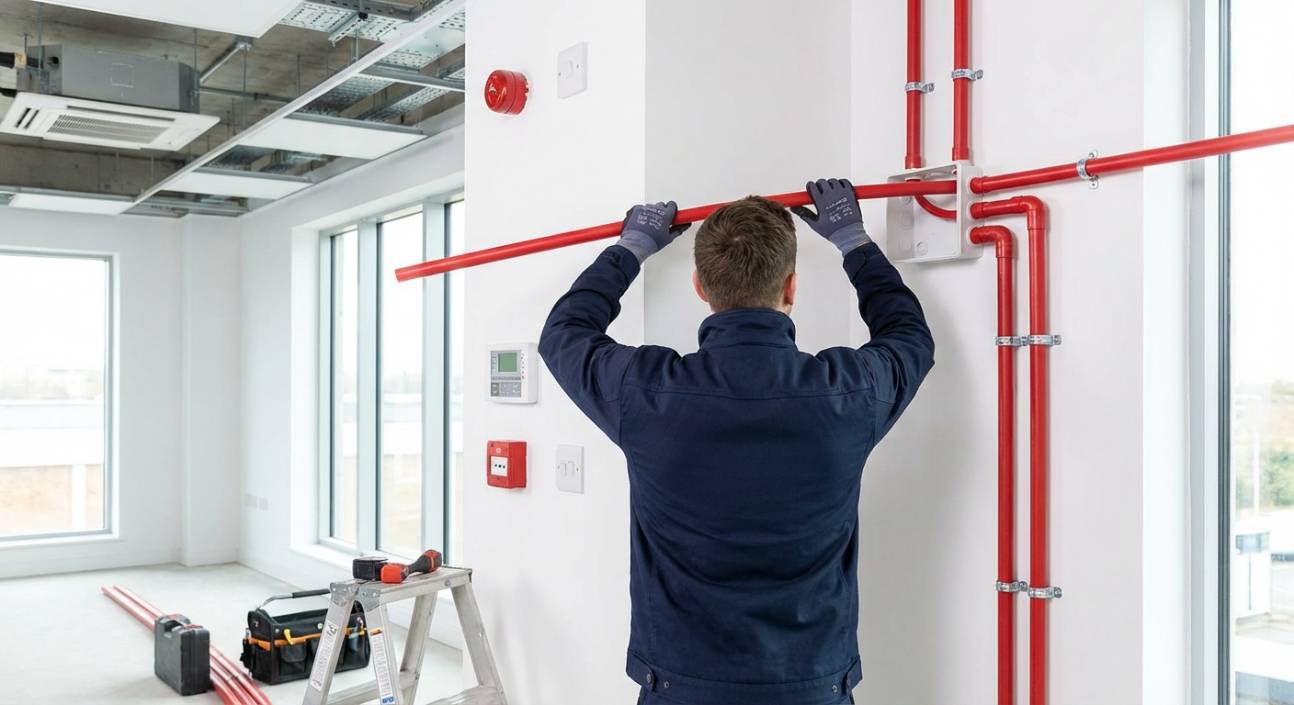 Técnico instalando eletroduto PVC seguindo norma ABNT NBR 15465.