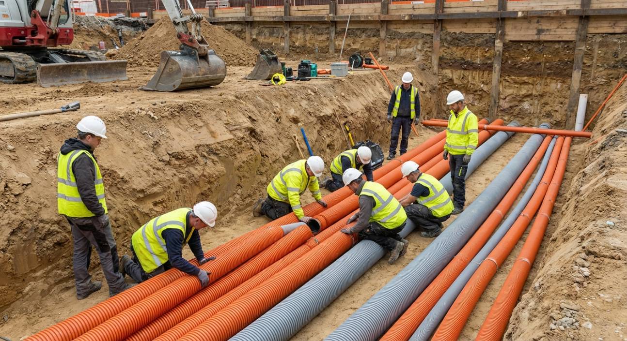 Instalação de eletrodutos PEAD Elecon em infraestrutura subterrânea de telecomunicações.
