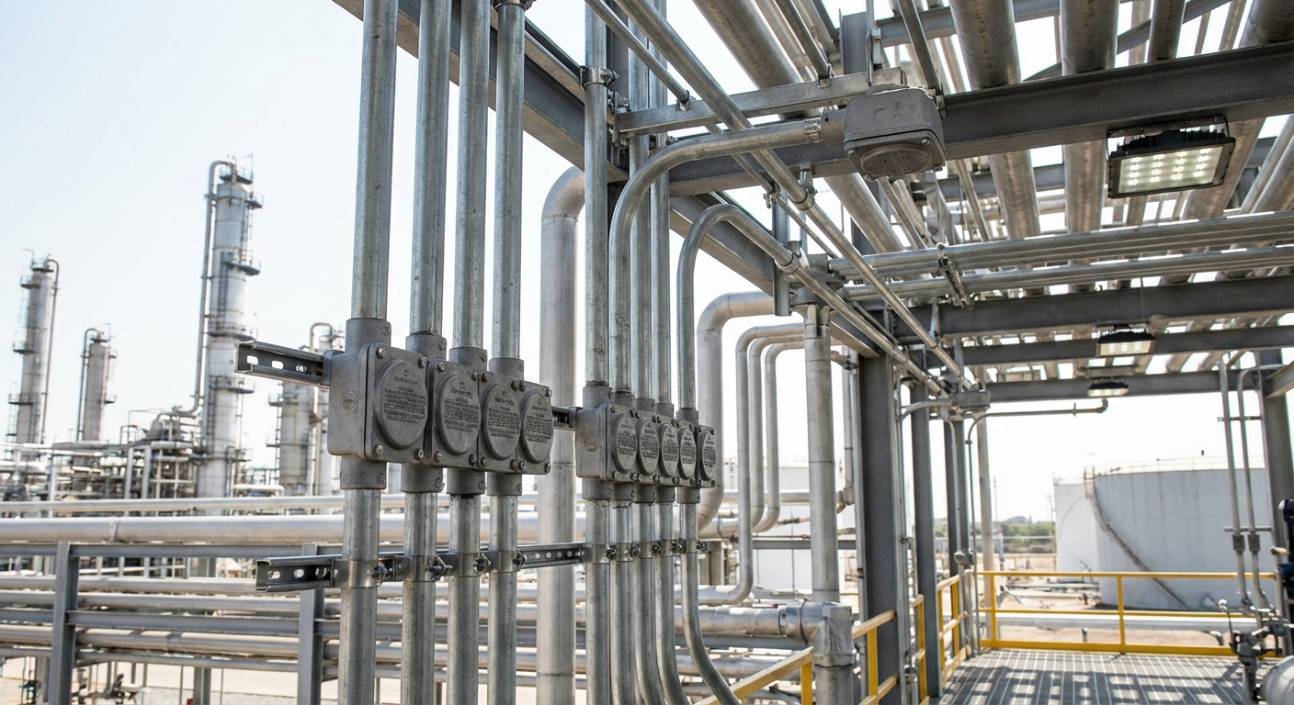 Conduletes EX Elecon instalados em refinaria de petróleo, garantindo segurança em área de risco.