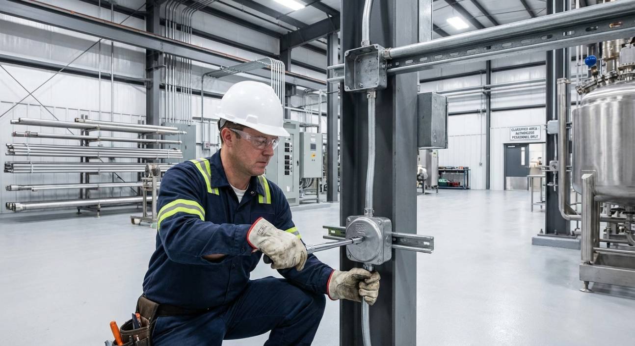 Técnico instalando condulete EX Elecon seguindo as normas de segurança.