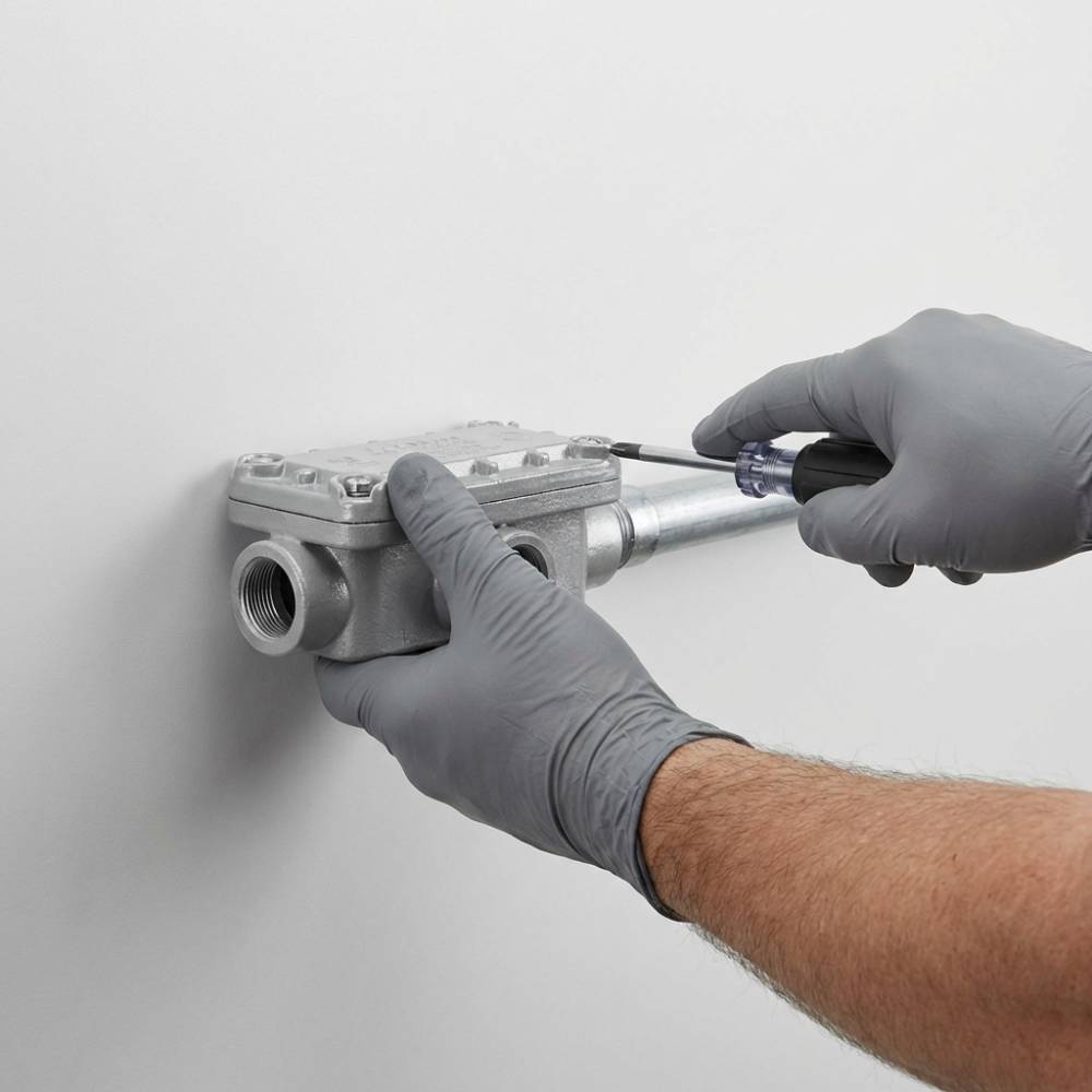 Técnico instalando condulete Elecon em uma parede