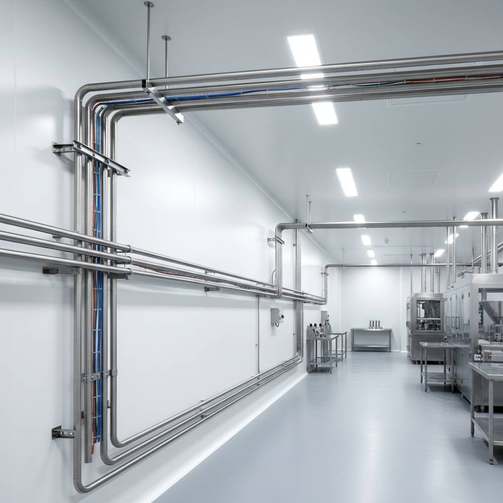 Eletrodutos de aço inoxidável da Elecon, modelos 304 e 316, em ambiente industrial.
