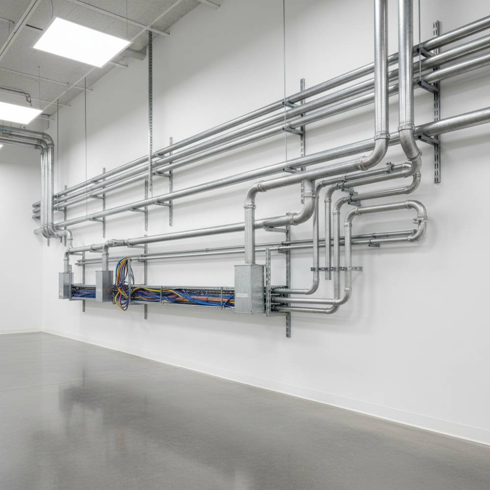 Instalação de eletrodutos galvanizados a fogo da Elecon em ambiente industrial.