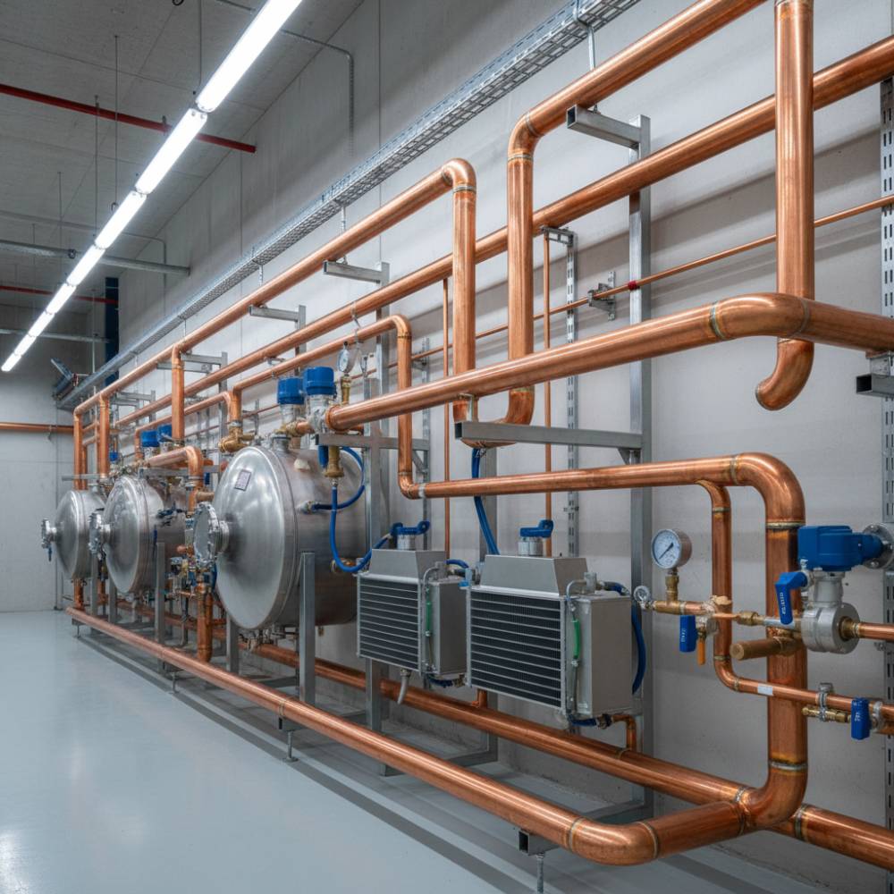 Tubo de cobre Termomecânica aplicado em um sistema de refrigeração industrial.