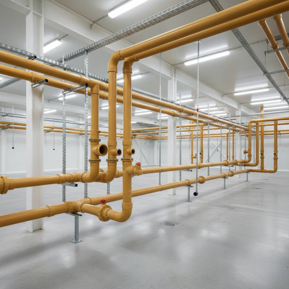 Instalação de tubos Ocre Corrplastic em sistema de esgoto industrial