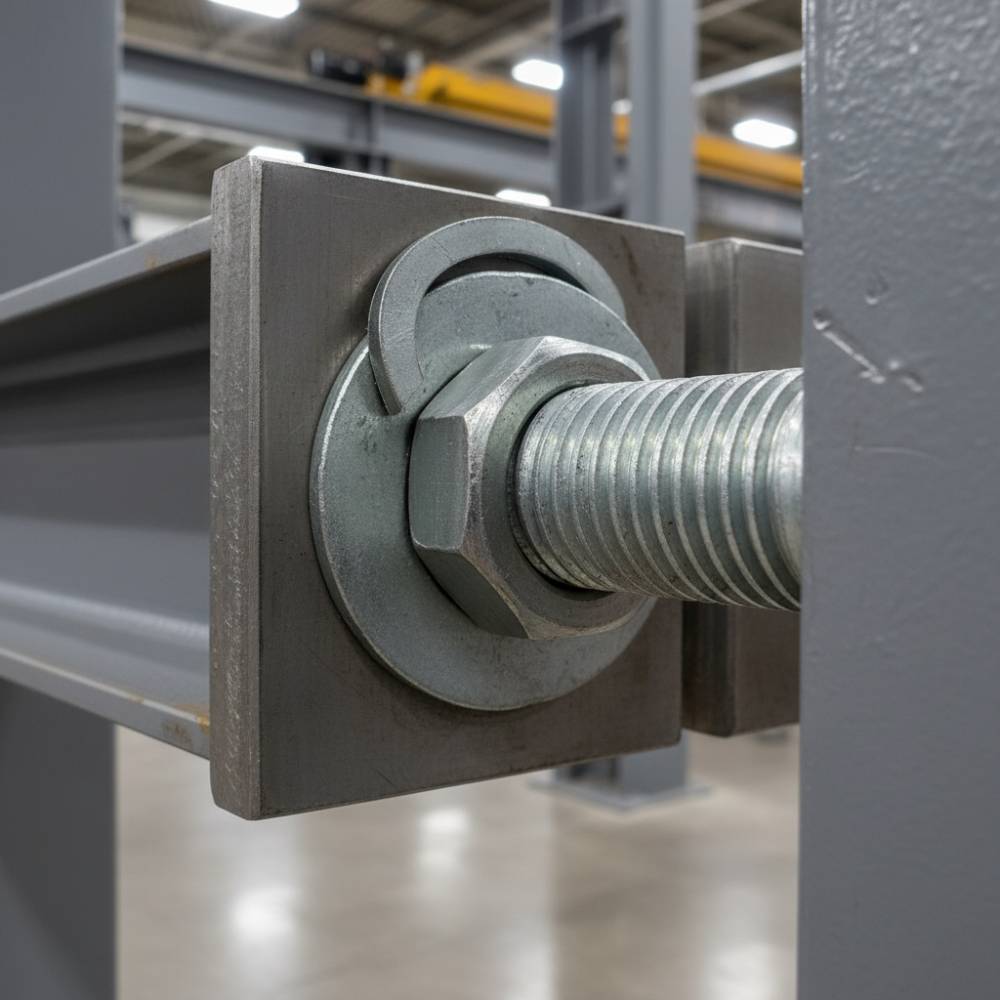 Barra roscada fixada em uma estrutura metálica, demonstrando sua aplicação em construção civil.