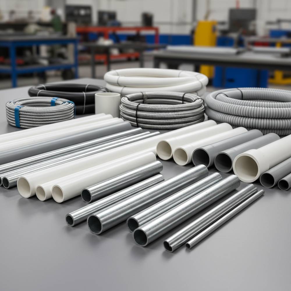 Variedade de eletrodutos de diferentes materiais e tamanhos