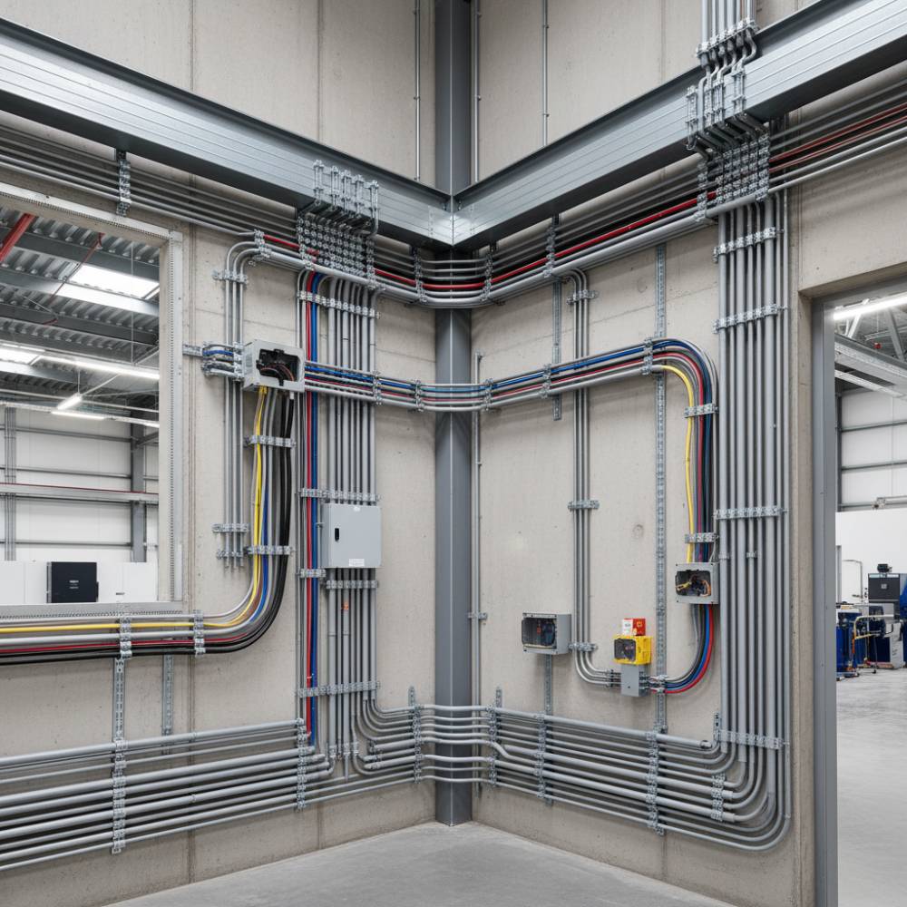 Eletrodutos protegendo cabos elétricos em ambiente industrial
