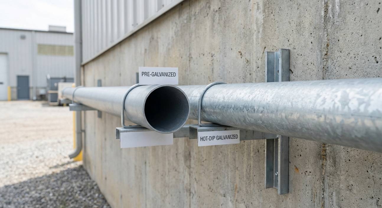 Comparativo entre eletroduto pré-zincado e eletroduto galvanizado a fogo em ambiente externo.