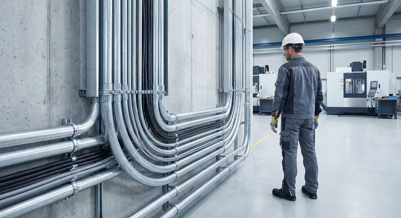 Técnico da Elecon auxiliando na escolha de eletrodutos para uma instalação industrial.