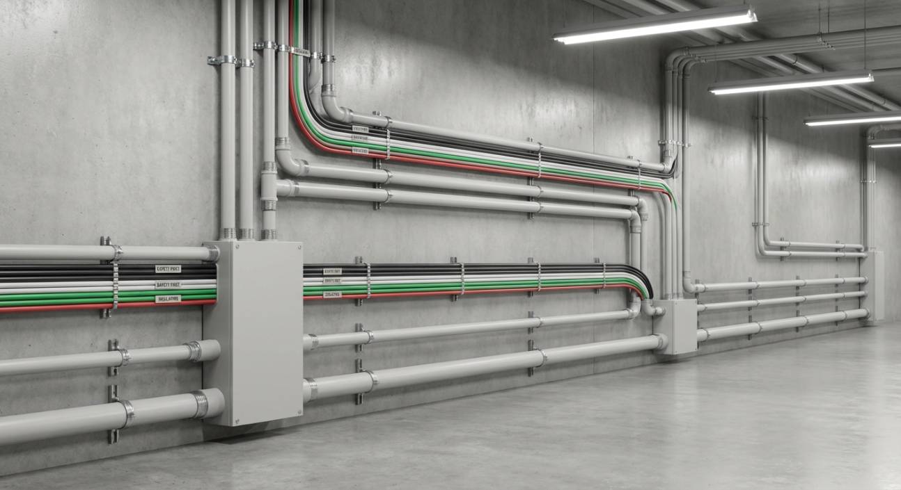 Instalação de eletrodutos de PVC rígido Elecon em ambiente industrial, mostrando a organização dos cabos.