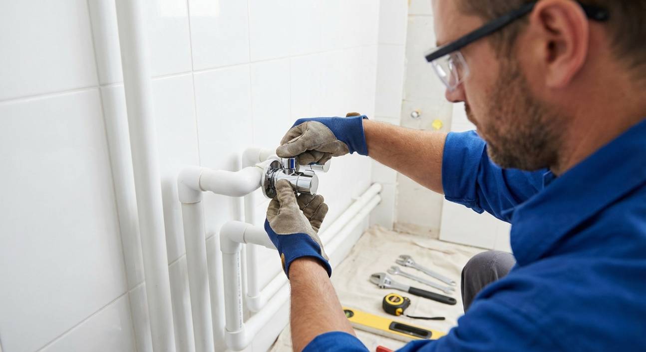 Técnico instalando um registro Deca em uma tubulação de água.