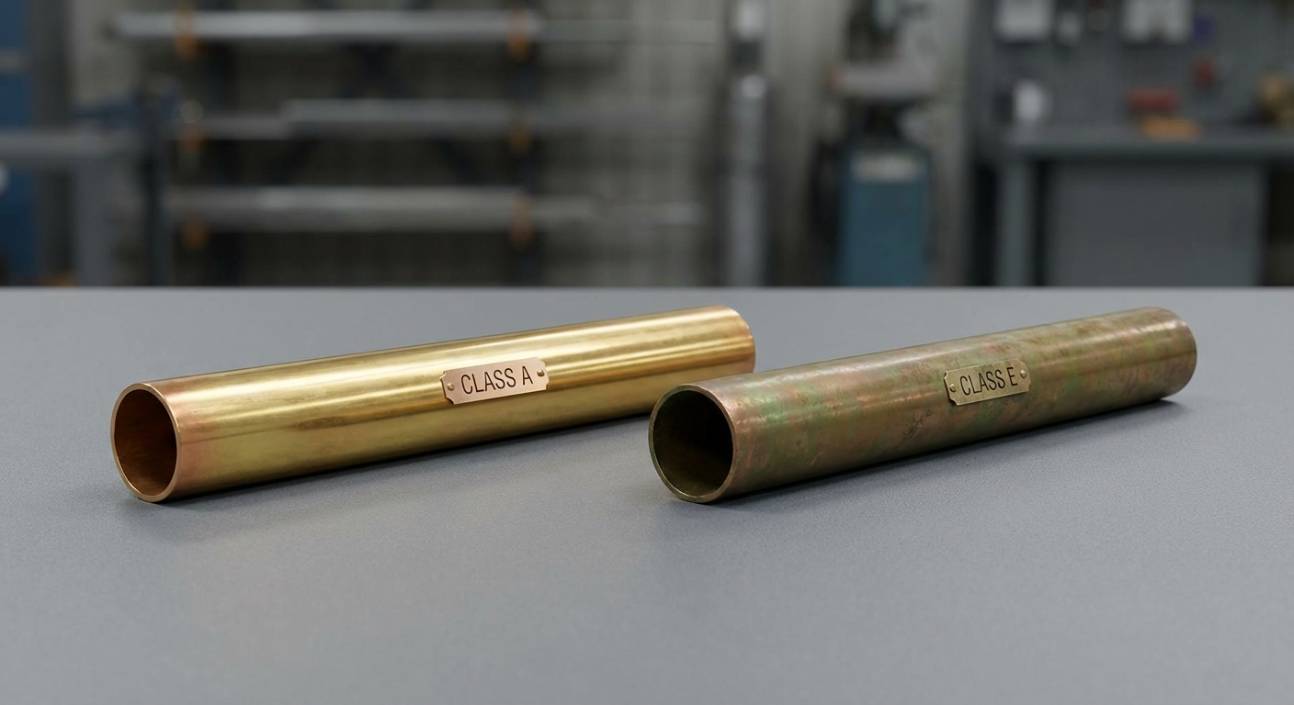 Comparativo visual entre tubos de cobre Classe A (amarelo) e Classe E (verde).