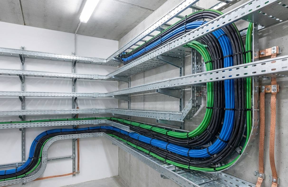 Instalação de eletrocalhas Elecon em ambiente industrial, mostrando o aterramento e a organização dos cabos.