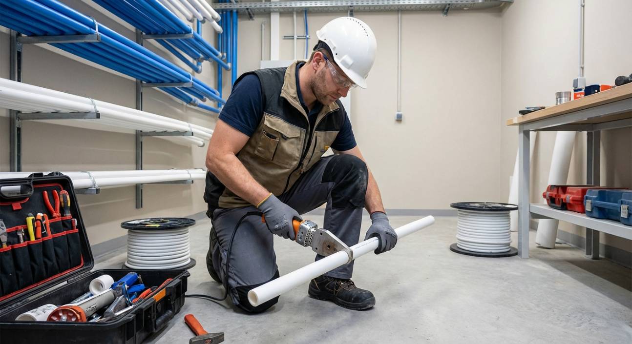 Técnico instalando tubo PPR com máquina de termofusão.