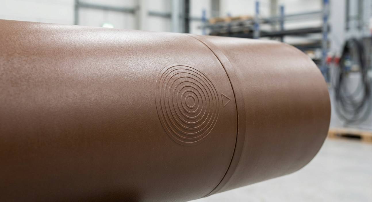 Detalhe da marcação em um tubo de água fria Amanco (PVC marrom)