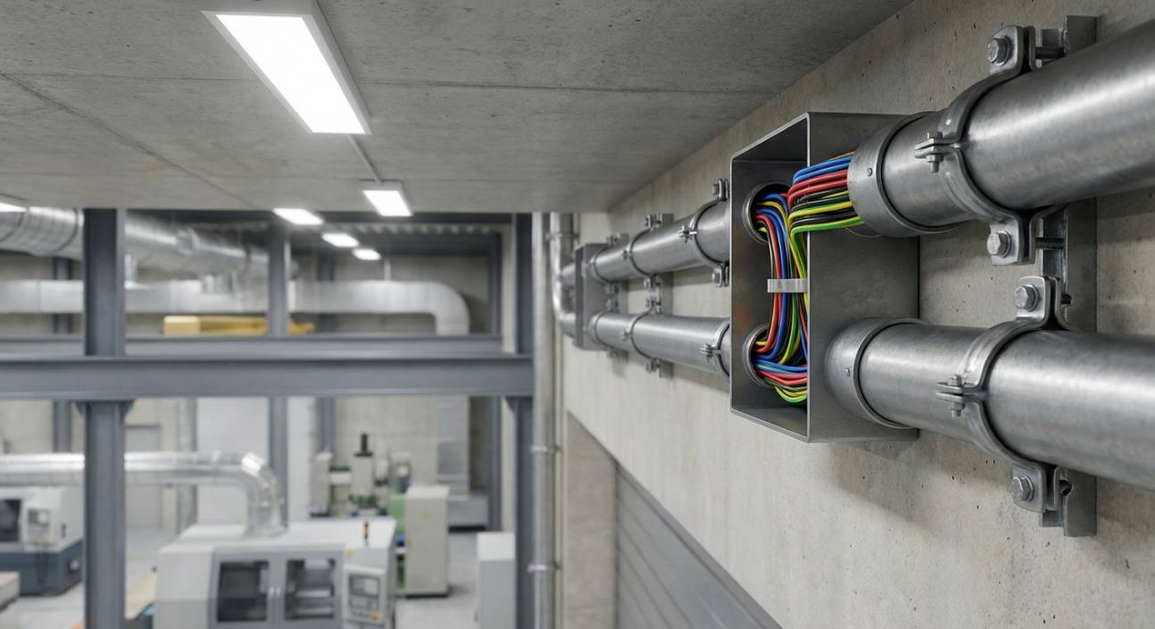 Eletroduto Elecon protegendo cabos elétricos em instalação industrial.