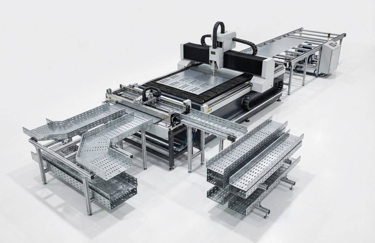 Linha de produção de eletrocalhas na fábrica da Elecon, com corte a laser.