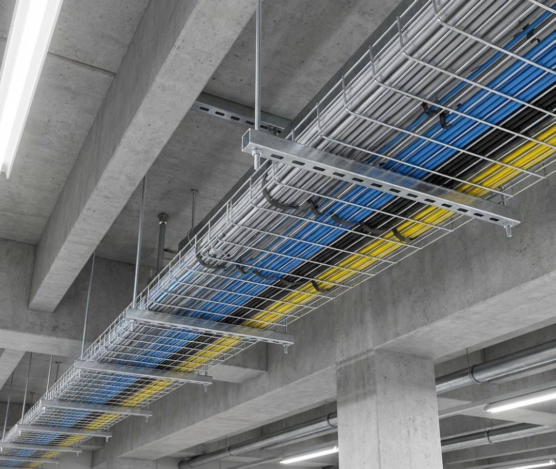 Eletrocalha aramada Elecon suportando cabos em uma instalação industrial.