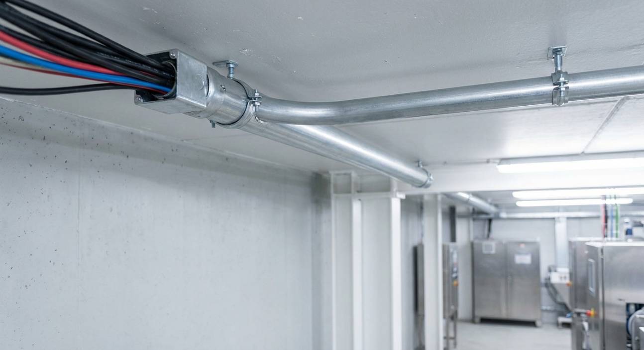 Eletroduto galvanizado Elecon protegendo cabos elétricos em ambiente industrial.