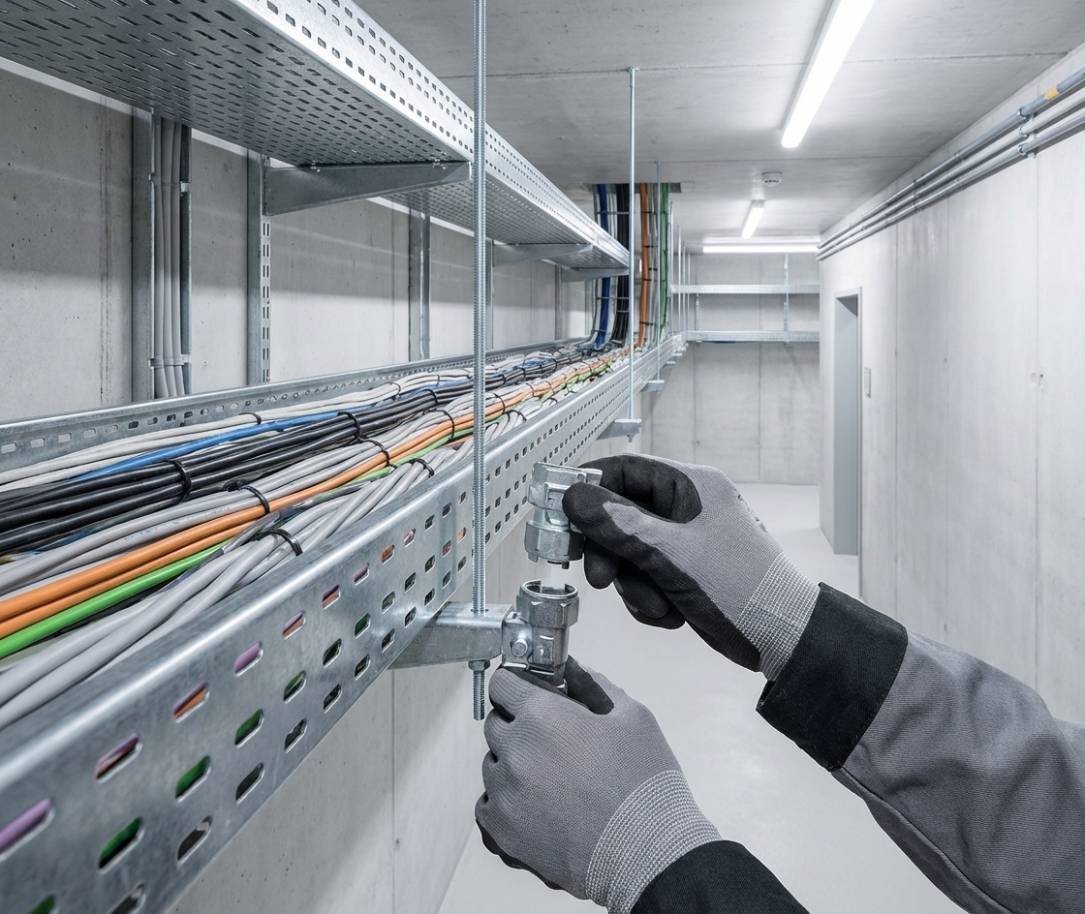 Conectores de pressão em eletrocalha Elecon, demonstrando a facilidade e rapidez na montagem.