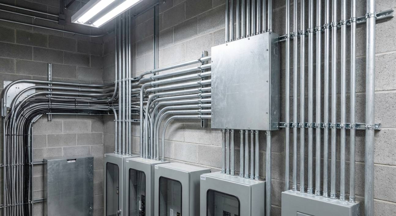 Eletroduto galvanizado protegendo cabos elétricos em instalação industrial.