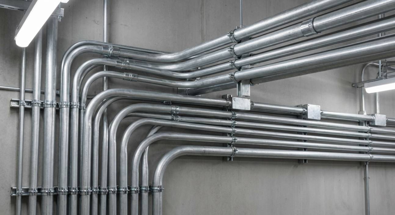 Aplicação de eletroduto galvanizado em instalação industrial aparente.