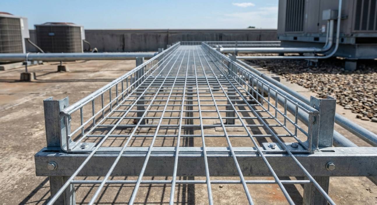 Detalhe de um leito aramado galvanizado a fogo da Elecon, instalado em área externa.