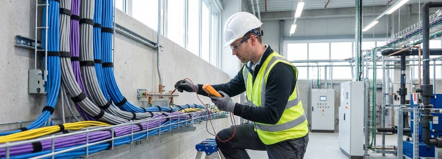 Técnico realizando teste de aterramento em leito aramado Elecon em instalação industrial.