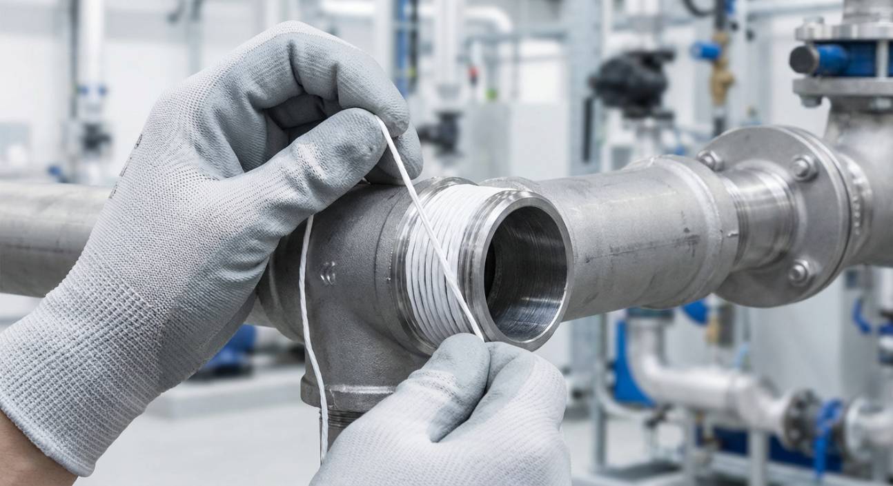 Aplicação do fio veda rosca em uma conexão de tubulação industrial.