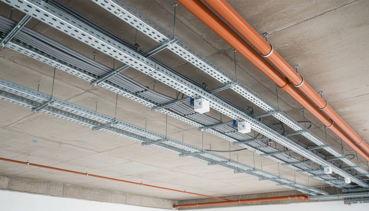 Instalação elétrica utilizando perfilados Elecon para suporte de eletrocalhas e outros componentes.