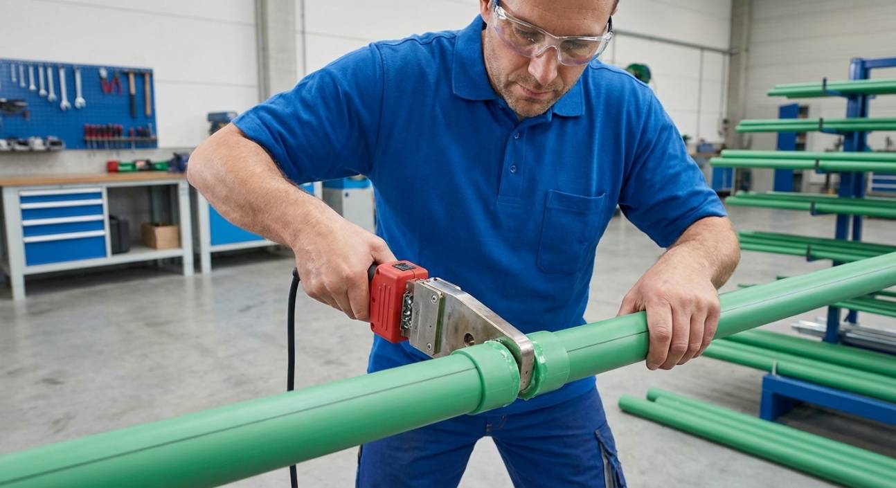 Técnico realizando a termofusão de Tubo PPR Top Fusion, demonstrando a facilidade da instalação