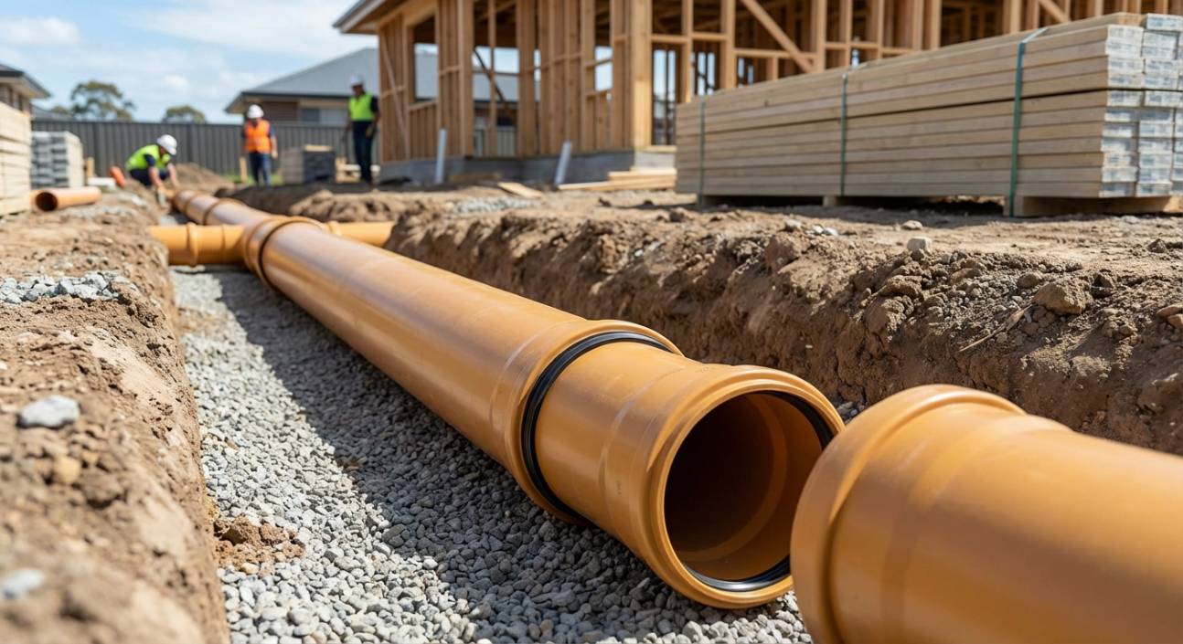 Instalação de tubos de Esgoto Ocre em uma obra residencial.