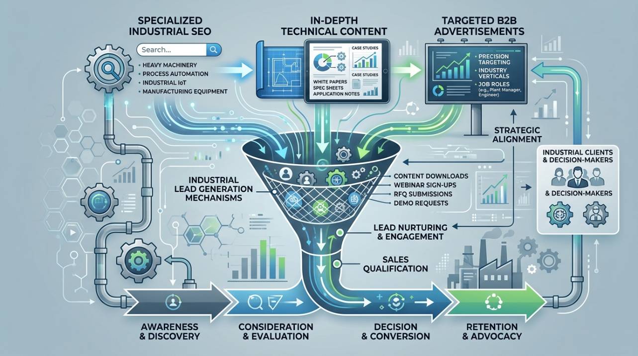 Diagrama de uma estratégia de marketing industrial integrada, mostrando a interconexão entre SEO, conteúdo técnico, anúncios B2B e geração de leads para o funil de vendas.