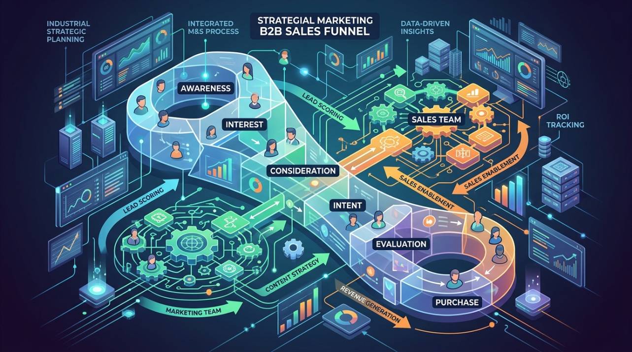 Planejamento estratégico de marketing para indústria, com foco em funil de vendas B2B e jornada do cliente, ilustrando a integração de equipes de marketing e vendas.