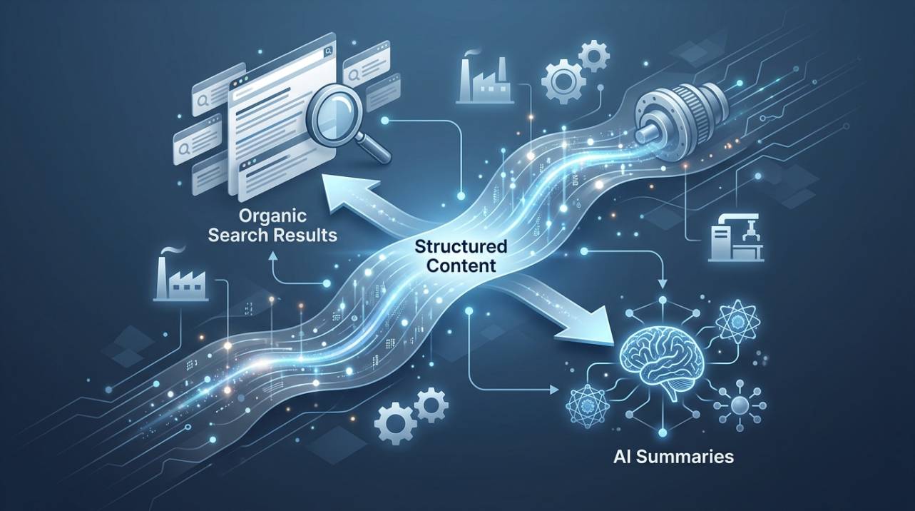 Representação visual da integração entre SEO e AEO, mostrando como o conteúdo estruturado alimenta tanto os resultados de busca orgânica quanto os resumos de IA, destacando a sinergia para o marketing industrial B2B.