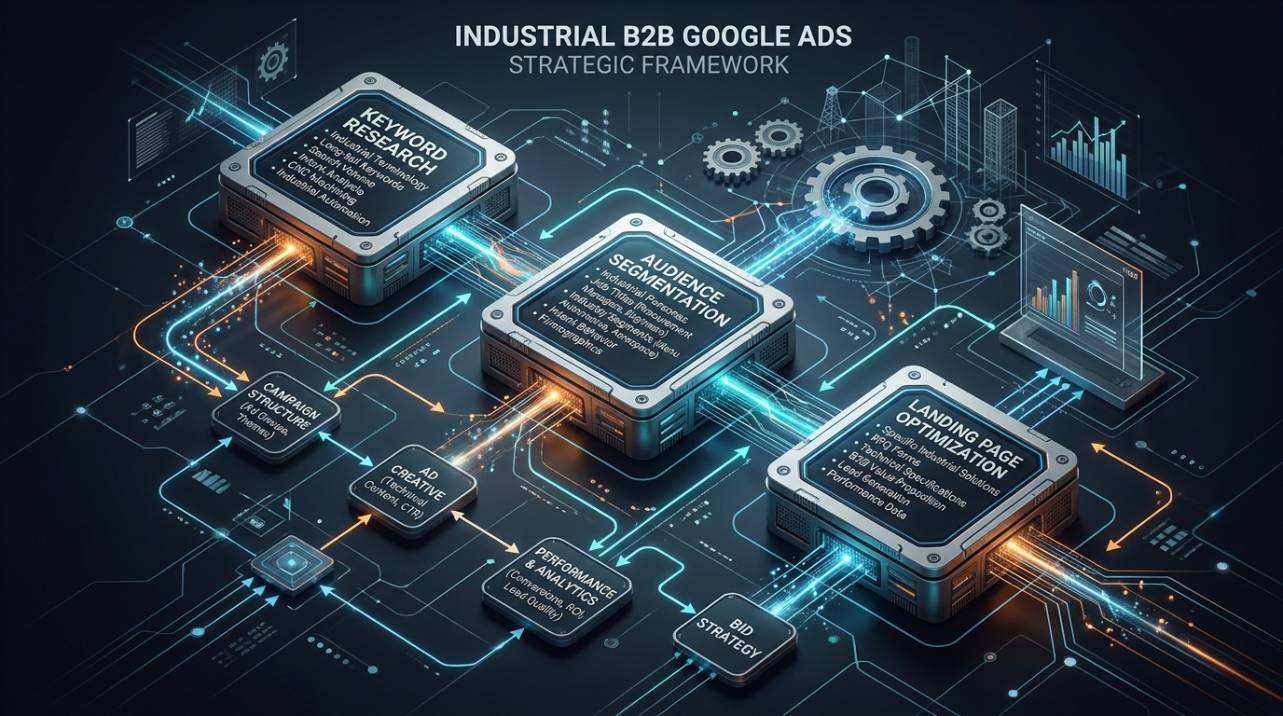 Representação visual da estrutura de uma campanha de Google Ads para indústria, com caixas para pesquisa de palavras-chave, segmentação de público e otimização de landing pages.