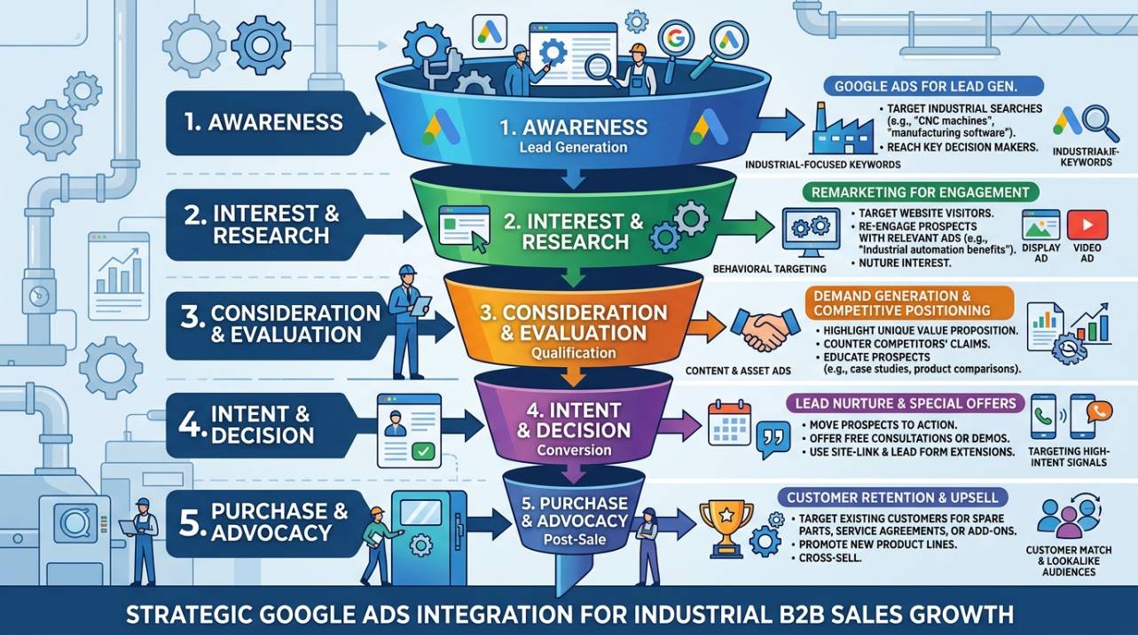 Funil de vendas industrial ilustrando as etapas de geração de leads, qualificação e conversão para o setor B2B, enfatizando a importância da estratégia de Google Ads para cada fase do processo.