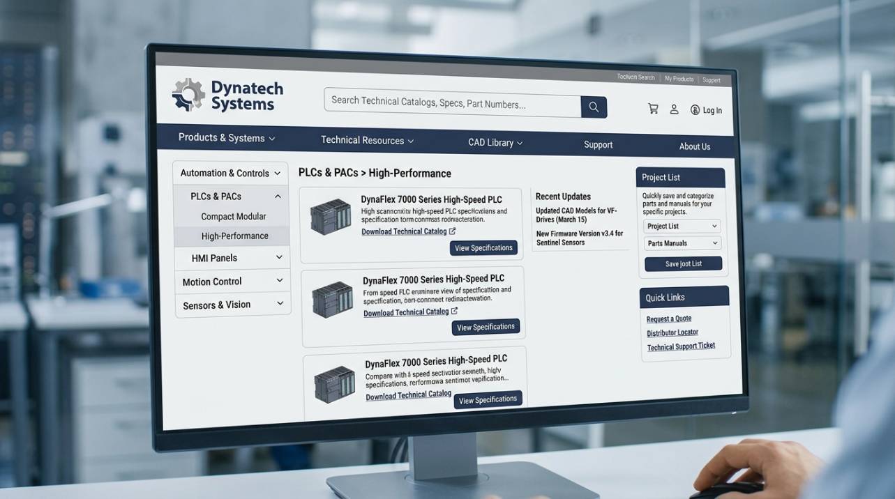 Design responsivo e intuitivo de um site industrial, destacando a organização de catálogos técnicos e acesso facilitado à informação para engenheiros e compradores B2B.
