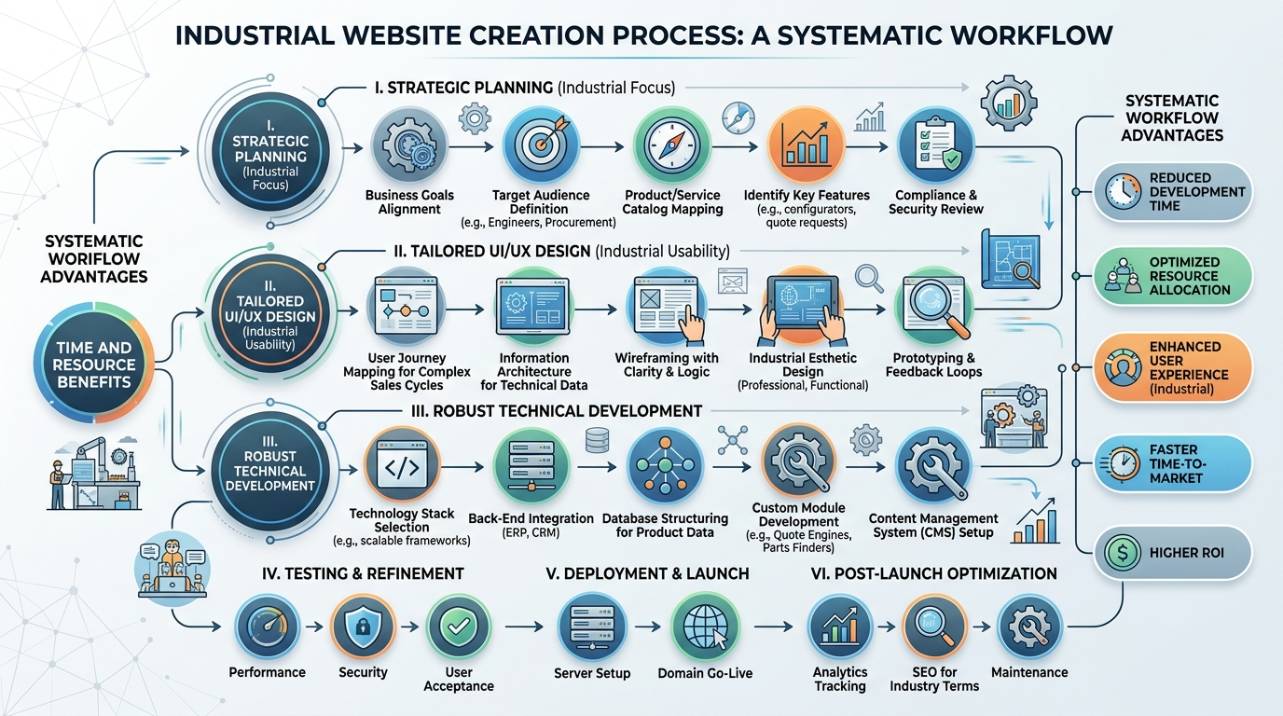 Fluxograma de criação de site industrial, detalhando etapas essenciais como planejamento, design UI/UX e desenvolvimento técnico, para otimização de tempo e recursos.