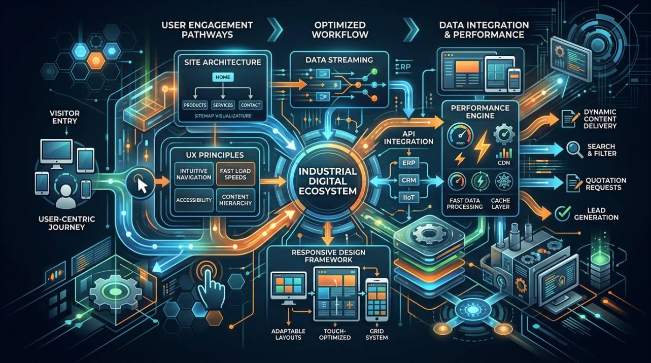 Representação gráfica do fluxo de trabalho e elementos de um site industrial de alta performance, destacando a integração de UX e design responsivo.