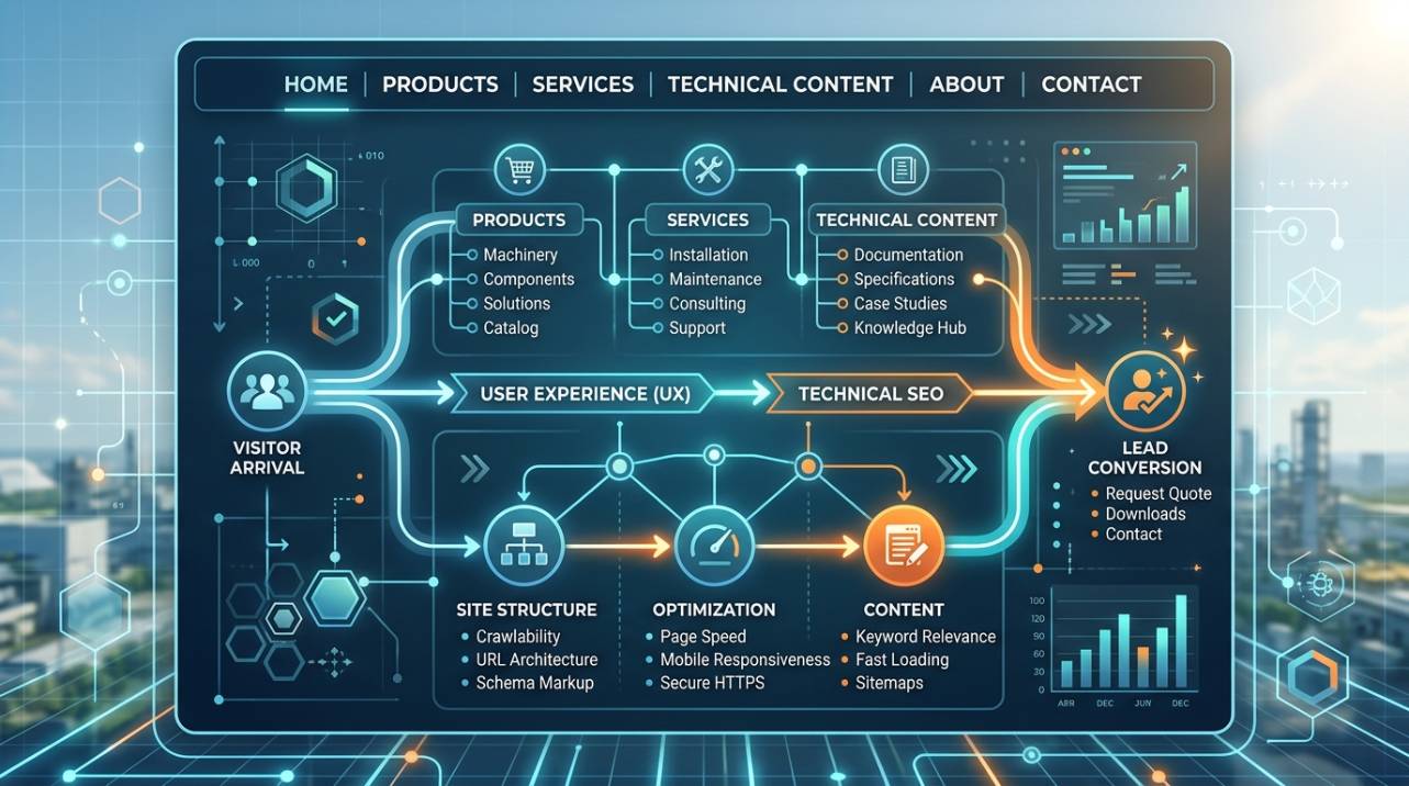 Exemplo de estrutura de um site industrial B2B otimizado, com navegação clara para produtos, serviços e conteúdo técnico, destacando a importância da UX e do SEO técnico.