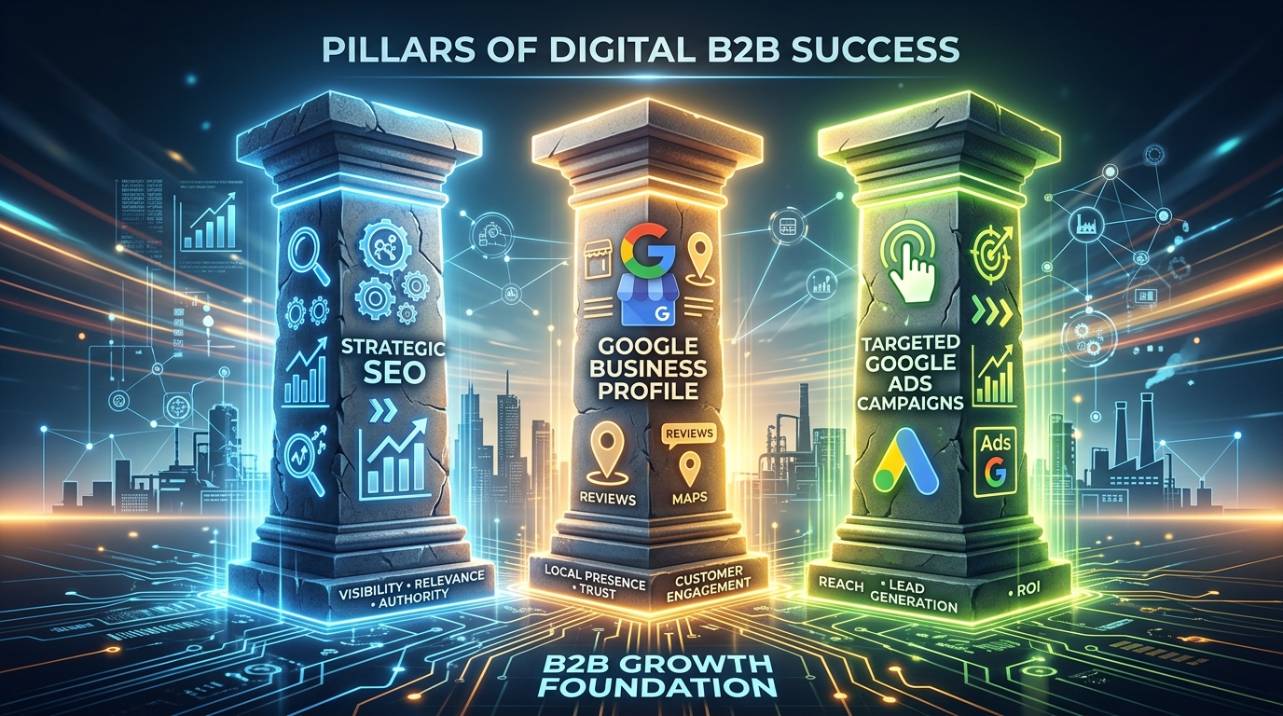 Representação visual das três pilares para o sucesso digital: SEO estratégico, Perfil da Empresa no Google e campanhas de Google Ads direcionadas para empresas B2B e industriais.
