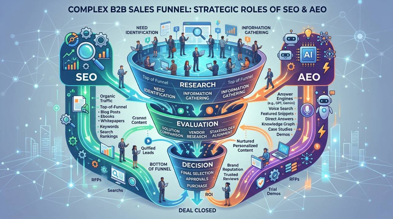 Ilustração de um funil de vendas B2B com etapas complexas de pesquisa, avaliação e decisão, destacando a importância do SEO e AEO para nutrir leads em cada fase.