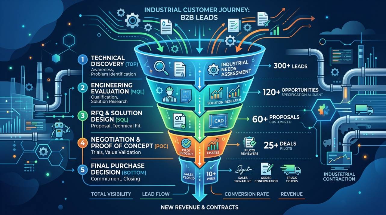 Gráfico de otimização de funil de vendas B2B, ilustrando a jornada do cliente industrial desde a descoberta técnica até a decisão de compra.