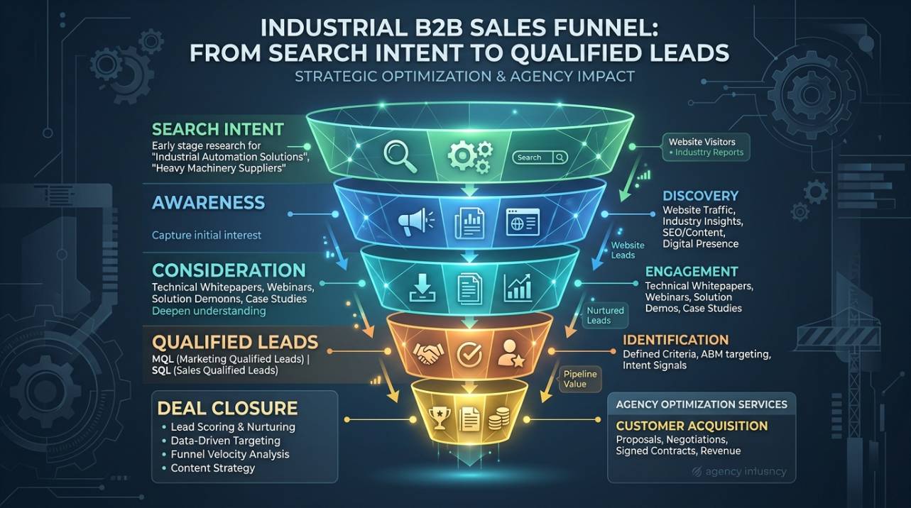 Gráfico de funil de vendas B2B ilustrando a conversão de intenção de busca em leads qualificados no contexto industrial, conforme otimizado pela agência RudekWydra.