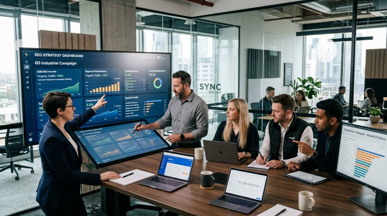 Profissionais de marketing industrial analisando dados de SEO em um ambiente de colaboração, simbolizando a abordagem estratégica de uma agência de SEO B2B.