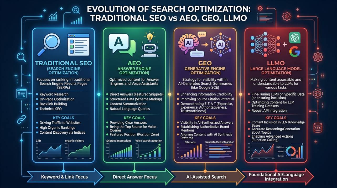 Infográfico comparando SEO tradicional, AEO (Answer Engine Optimization), GEO (Generative Engine Optimization) e LLMO (Large Language Model Optimization), destacando suas diferenças e focos no contexto da busca por inteligência artificial.