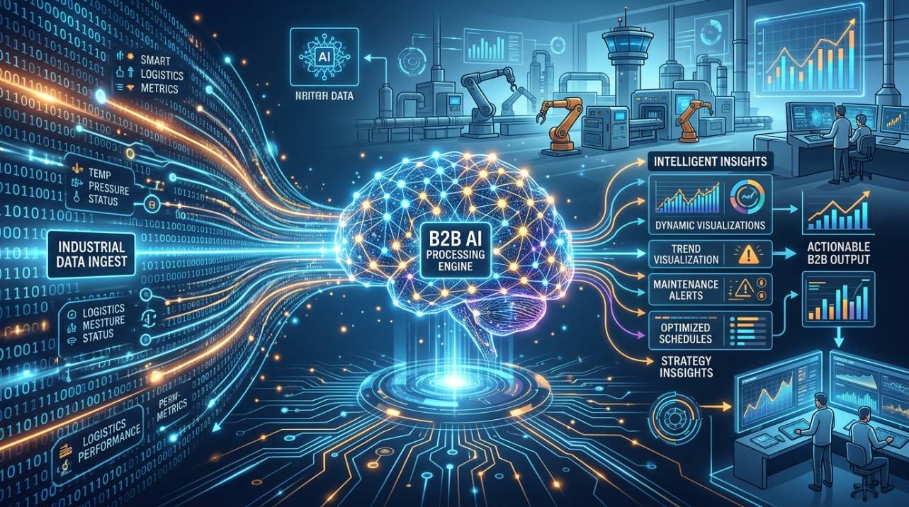 Representação de um fluxo de dados sendo processado por um modelo de inteligência artificial, destacando a interpretação de conteúdo estruturado e a geração de respostas para o setor B2B industrial.