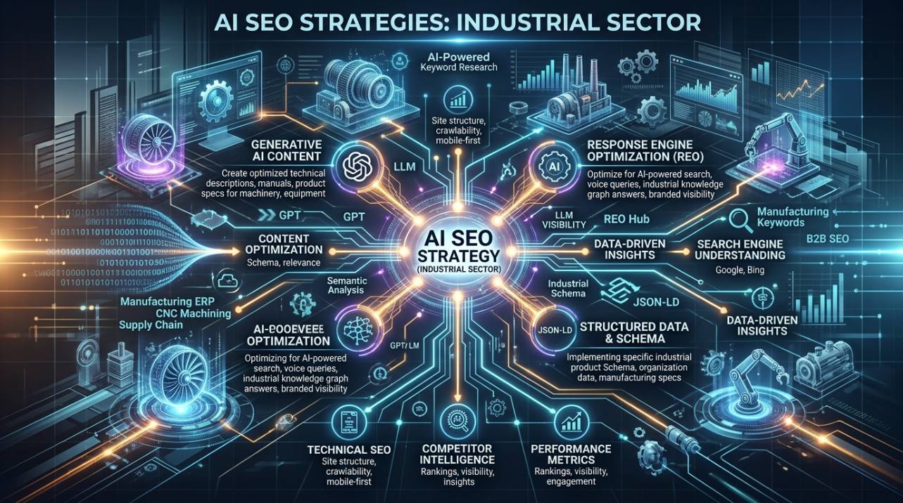 Representação visual de conceitos de SEO para IA, com elementos como dados estruturados, IA generativa e otimização para motores de resposta, ilustrando a complexidade da estratégia de uma agencia seo moderna para o setor industrial.